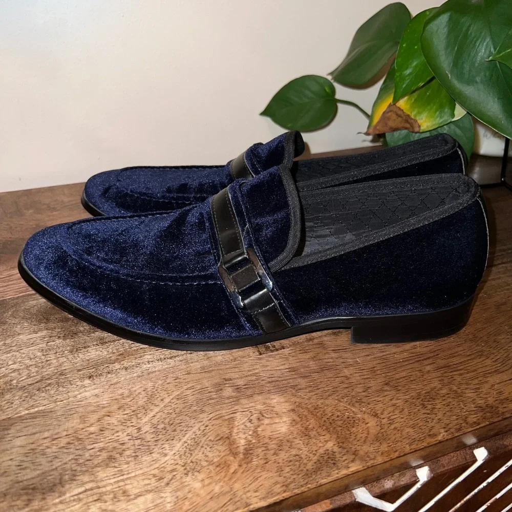 Steve Madden Macklin Mens 8M‎ Navy Blue Velvet Loafer Dress Shoes Formal Casual